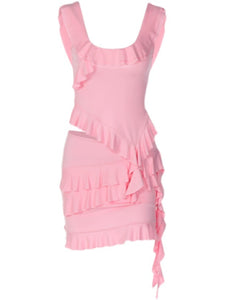 Wildgirl Fashion Style Summer New Arrival Sexy Women's U-Neck Pink Ruffles Top and Skirt Two-piece Set