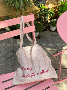 French style Romantic Pink Floral Canvas Bag South korea Ins Style Letter Shoulder Tote Bag Travel Beach Bag