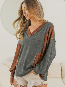 Fall V-neck Long Sleeves T-shirt European and American Leisure Colored Pullover