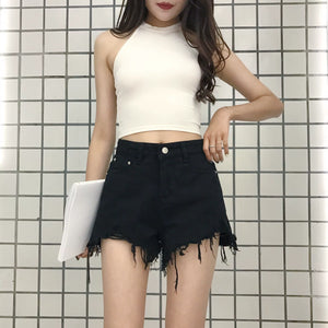 Stylish Raw Edge Denim Shorts Women's High Waist Slim Looking Ins Hot Pants Easiest for Match A- line Pants Small Black Loose Pants Fashion