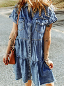 2024 Special-Interest Design Dress Female Fashionable European and American Style Single Breasted Cinched Slimming Short Sleeves Denim Skirt