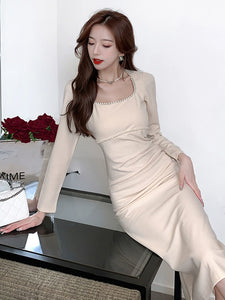 Pleated French Gentle Temperament Long Sleeve Dress