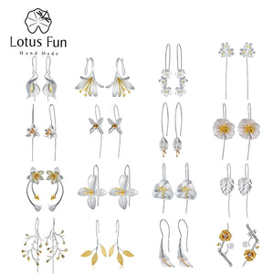 Lotus Fun Real 925 Sterling Silver Leaves Flower Drop Earrings for Women Dropship Wholesale Luxury Natural Handmade Fine Jewelry