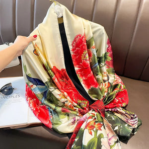 Silk Scarf Women Shawl Female Fashion Scarves Screen Flower Spring Summer Sunscreen Beach Scarf Air Conditioning Shawl Wrapped