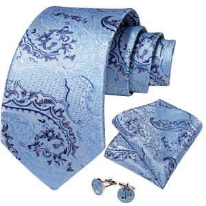 Light Blue Paisley Striped Silk Ties For Men Handkerchief Cufflinks Wedding Accessories Neck Tie Set Gift For Men DiBanGu