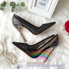 Load image into Gallery viewer, Running Quantity Price Nightclub Sexy Snakeskin Stitching Black Mesh Rhinestone Pointed Thin Heeled Women&#39;s Large and Small Size European and American High Heels
