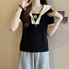 Load image into Gallery viewer, Fashion Sailor Collar Spliced Printed Letter Casual T-Shirts Female Clothing 2024 Summer New Loose Korean Tops Sweet Tee Shirt
