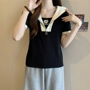 Fashion Sailor Collar Spliced Printed Letter Casual T-Shirts Female Clothing 2024 Summer New Loose Korean Tops Sweet Tee Shirt