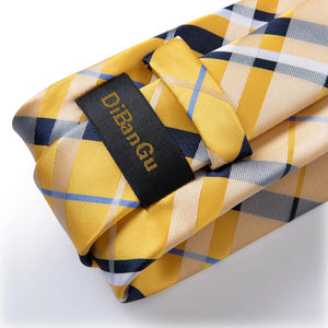 2023 New Classic Yellow Striped Plaid Silk Ties For Men Handkerchief Cufflinks Brooch Pin Wedding Accessories Men Gift Dropship