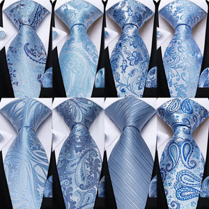 Light Blue Paisley Striped Silk Ties For Men Handkerchief Cufflinks Wedding Accessories Neck Tie Set Gift For Men DiBanGu