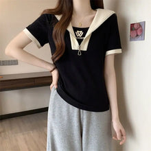 Load image into Gallery viewer, Fashion Sailor Collar Spliced Printed Letter Casual T-Shirts Female Clothing 2024 Summer New Loose Korean Tops Sweet Tee Shirt
