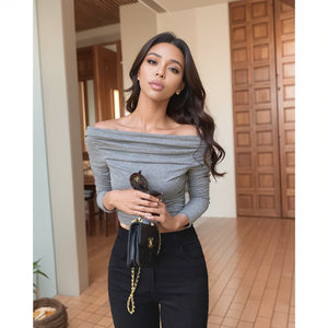 Chic and Beautiful off-Shoulder Early Autumn Graceful Gray Top