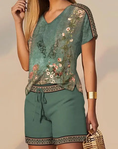 2023 Two Piece Sets Womens Print V-Neck Short Sleeve Top &Shorts Set