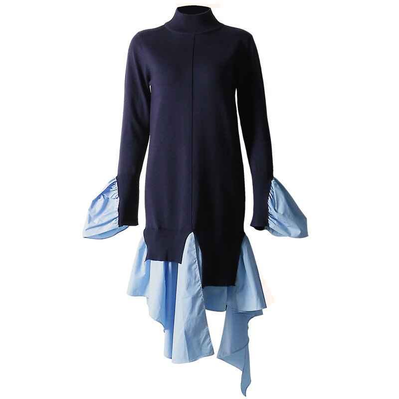 TWOTWINSTYLE Knitting Dress Female Flare Long Sleeve Turtleneck Patchwork Ruffle Hem Irregular Women's Dresses 2022 Spring New