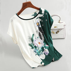 Fashion Floral Print Blouse Pullover Ladies Silk Satin Plus Size Batwing Sleeve Vintage T-shirt Casual Short Sleeve Tops