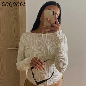 Ruched Long Sleeve T-shirts Women Crop Top Y2K Clothes 2023 Autumn Casual White Skinny Black Basic Tee Corset Pulovers T Shirt