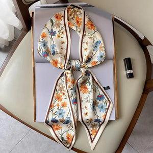 2024 Fashion Floral Print Silk Scarf Women Thin Neck Long Scarves Narrow Office Lady Shawl Bandanas Female Skinny Hairbands