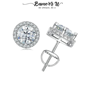 Bamoer U 0.5/1CT Moissanite Halo Earrings 925 Sterling Silver 4 Prongs Ear Stud Round Cut for Women Engagement Gift Fine Jewelry