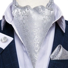 Load image into Gallery viewer, Men Luxury Silver Paisley Silk Ascot Tie Set Wedding Party Cravat White Ties Handkerchief Cufflinks Necktie Ring Sets DiBanGu
