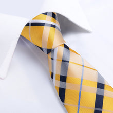 Load image into Gallery viewer, 2023 New Classic Yellow Striped Plaid Silk Ties For Men Handkerchief Cufflinks Brooch Pin Wedding Accessories Men Gift Dropship
