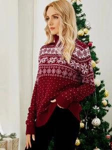 Women s Christmas Snowflake Knitted Sweater Long Sleeve High-neck Print Christmas Pullover Knitwear