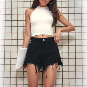 Stylish Raw Edge Denim Shorts Women's High Waist Slim Looking Ins Hot Pants Easiest for Match A- line Pants Small Black Loose Pants Fashion