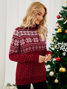 Women s Christmas Snowflake Knitted Sweater Long Sleeve High-neck Print Christmas Pullover Knitwear