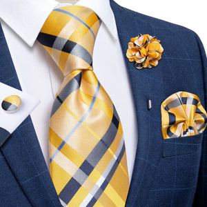 2023 New Classic Yellow Striped Plaid Silk Ties For Men Handkerchief Cufflinks Brooch Pin Wedding Accessories Men Gift Dropship