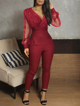 Load image into Gallery viewer, Sheer Mesh Glitter Ruched Wrap Jumpsuit Women Ropmers Long Sleeve V Neck Skinny Fit One Piece Overalls Jumpsuit
