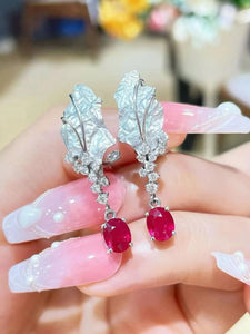 natural ruby clip earring 18K white gold with diamond leaf long earring fine women jewelry genuine luxury jewelry free shipping