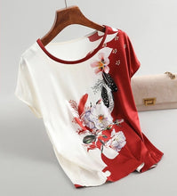 Load image into Gallery viewer, Fashion Floral Print Blouse Pullover Ladies Silk Satin Plus Size Batwing Sleeve Vintage T-shirt Casual Short Sleeve Tops
