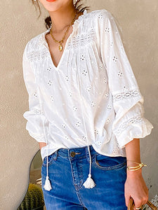 Jastie 2022 Spring Summer Ruffled Embroidery Blouses V-Neck Long-sleeve French Blouse V-neck Boho White Lady Shirts Blusas
