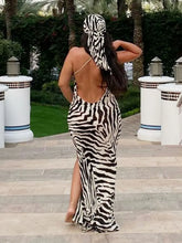 Load image into Gallery viewer, 2024 Sexy Zebra Pattern Spaghetti Strap Side Split Back Open Long Beach Dress Summer Women Beach Wear Swim Suit Cover Up A1144
