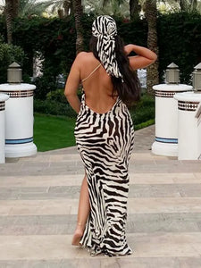 2024 Sexy Zebra Pattern Spaghetti Strap Side Split Back Open Long Beach Dress Summer Women Beach Wear Swim Suit Cover Up A1144