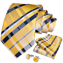 Load image into Gallery viewer, 2023 New Classic Yellow Striped Plaid Silk Ties For Men Handkerchief Cufflinks Brooch Pin Wedding Accessories Men Gift Dropship
