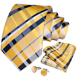 2023 New Classic Yellow Striped Plaid Silk Ties For Men Handkerchief Cufflinks Brooch Pin Wedding Accessories Men Gift Dropship