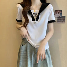 Load image into Gallery viewer, Fashion Sailor Collar Spliced Printed Letter Casual T-Shirts Female Clothing 2024 Summer New Loose Korean Tops Sweet Tee Shirt
