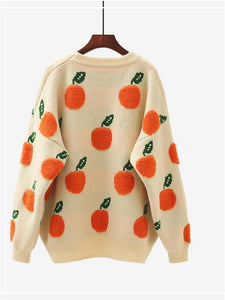 H.SA 2022 Winter Sweater Pullover Women Cute Fruit Sweater Pull Jumpers Orange Apple Printed Korean Tops Oversized Jumpers