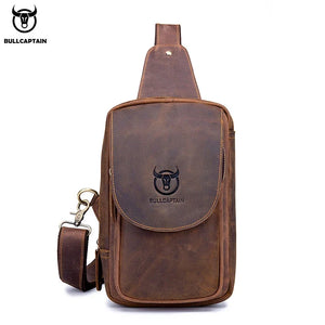 BULLCAPTAIN Men's Crossbody Bags Crazy Horse Leather Chest Bag's Leather Crossbody Bages Retro Men's Zip Pocket Short Travel Bag