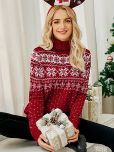 Women s Christmas Snowflake Knitted Sweater Long Sleeve High-neck Print Christmas Pullover Knitwear