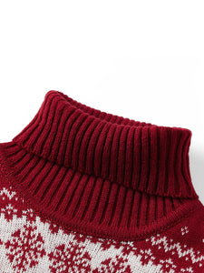 Women s Christmas Snowflake Knitted Sweater Long Sleeve High-neck Print Christmas Pullover Knitwear