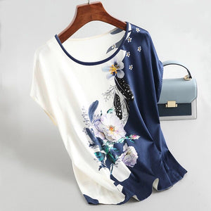 Fashion Floral Print Blouse Pullover Ladies Silk Satin Plus Size Batwing Sleeve Vintage T-shirt Casual Short Sleeve Tops