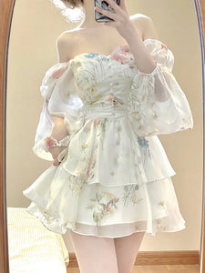 French Elegant Floral Mini Dress Chiffon Long Sleeve Evening Party Dress Women Holiday Beach Boho Fairy Dress Korean 2023 Robes