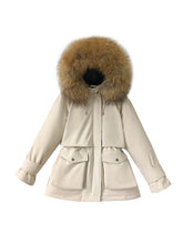 Load image into Gallery viewer, Fitaylor Large Natural Fox Fur Hooded Winter Jacket Women 90% White Duck Down Thick Parkas Warm Sash Tie Up Snow Coat
