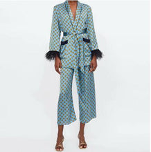 Load image into Gallery viewer, Women&#39;s Suits Sunc Spring LOOSE Blue Printed Kimono Jacket with Feather Sleeves Wide Leg Pants Two-piece Viintage Clothing Suits
