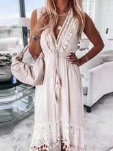 Load image into Gallery viewer, 2022 Summer Casual V-Neck Lace Patchwork Dress Women Mid-Calf Dress Sexy Hollow Out Sleeveless Spaghetti Strap Dresses Vestidos

