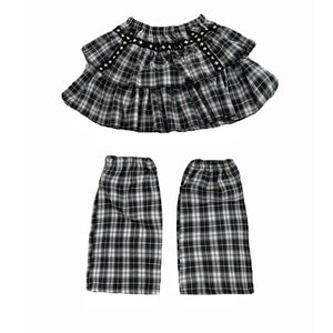 Y2k Girl Plaid Elastic Waist Midi Skirts Leg Warmer Set Lolita A-line Empire Women Gothic Style Rivet Ruflles Mini Skirt Summer