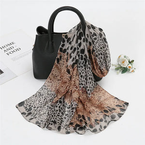 Spain Fashion Sexy Leopard Floral Patchwork Chiffon Silk Scarf Shawl Lady High Quality Wrap Beach Cover-ups Hijab Snood 150*50Cm