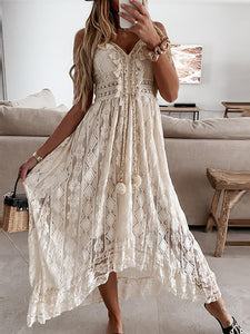 2022 Summer Casual V-Neck Lace Patchwork Dress Women Mid-Calf Dress Sexy Hollow Out Sleeveless Spaghetti Strap Dresses Vestidos