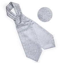 Load image into Gallery viewer, Men Luxury Silver Paisley Silk Ascot Tie Set Wedding Party Cravat White Ties Handkerchief Cufflinks Necktie Ring Sets DiBanGu
